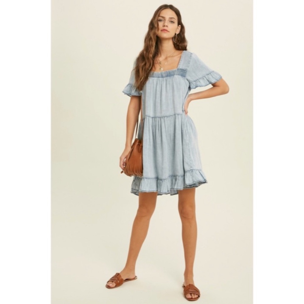 Denim Tencel Square Neck Short Sleeve Ruffle Trim Babydoll Casual Mini Dress - Picture 2 of 5